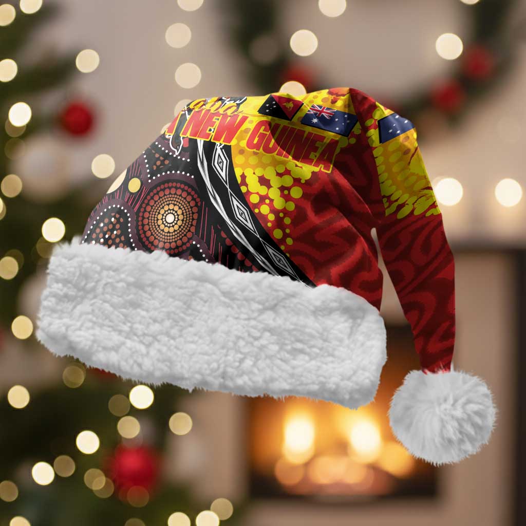 Australia and Papua New Guinea Together Christmas Santa Hat Bird-of-paradise and Kangaroo with Oro Tapa and Aboriginal Art Motifs LT03 With Fur Black - Polynesian Pride