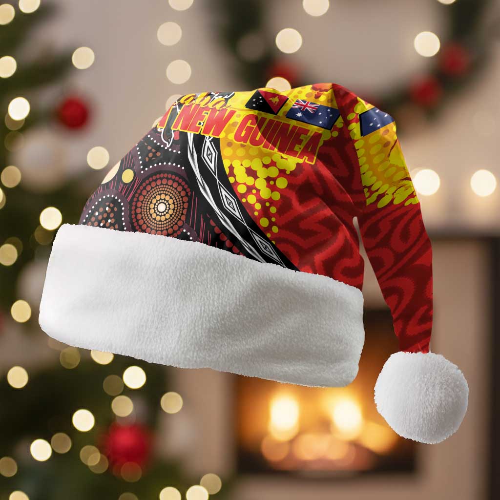 Australia and Papua New Guinea Together Christmas Santa Hat Bird-of-paradise and Kangaroo with Oro Tapa and Aboriginal Art Motifs LT03 Without Fur Black - Polynesian Pride