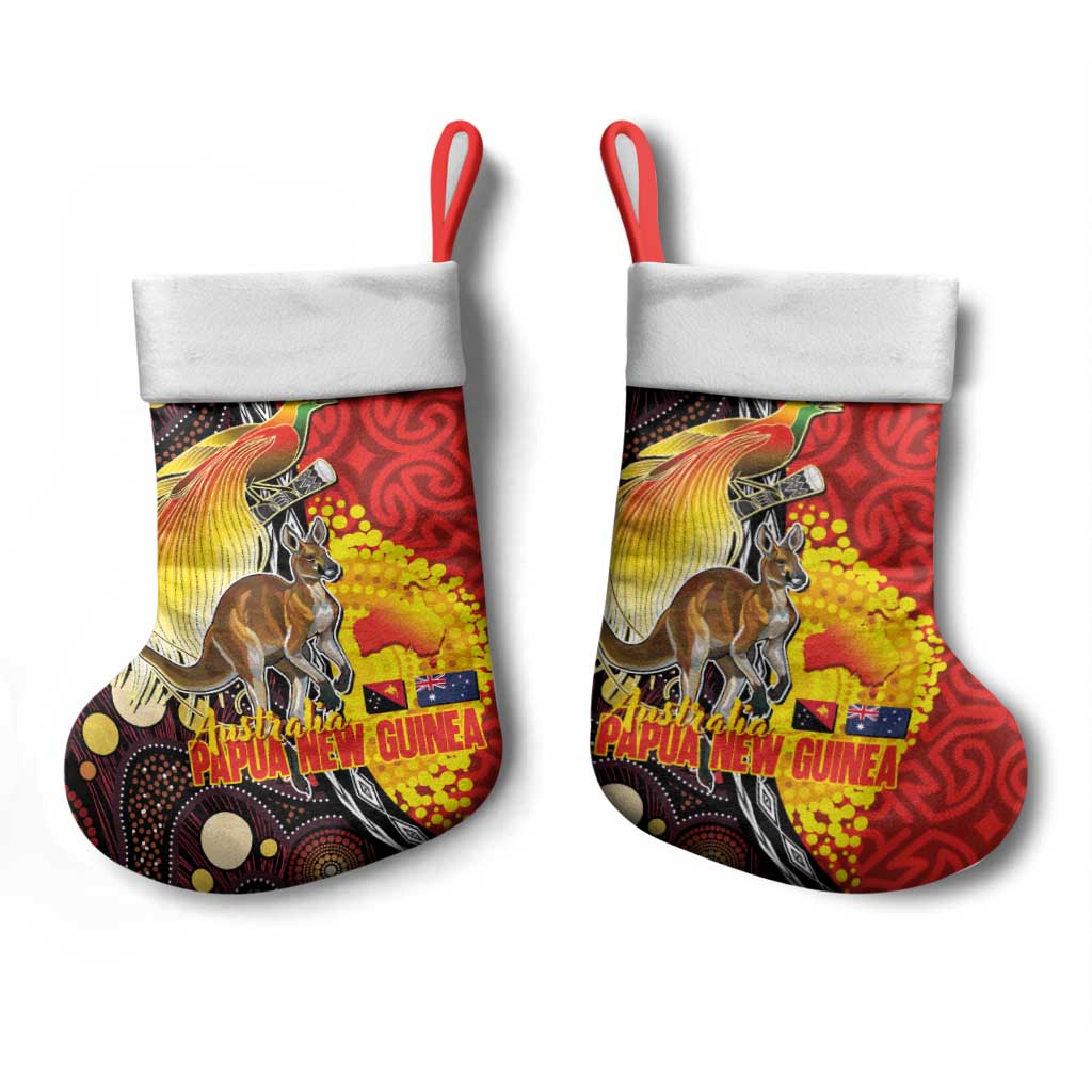 Australia and Papua New Guinea Together Christmas Stocking Bird-of-paradise and Kangaroo with Oro Tapa and Aboriginal Art Motifs LT03 - Polynesian Pride