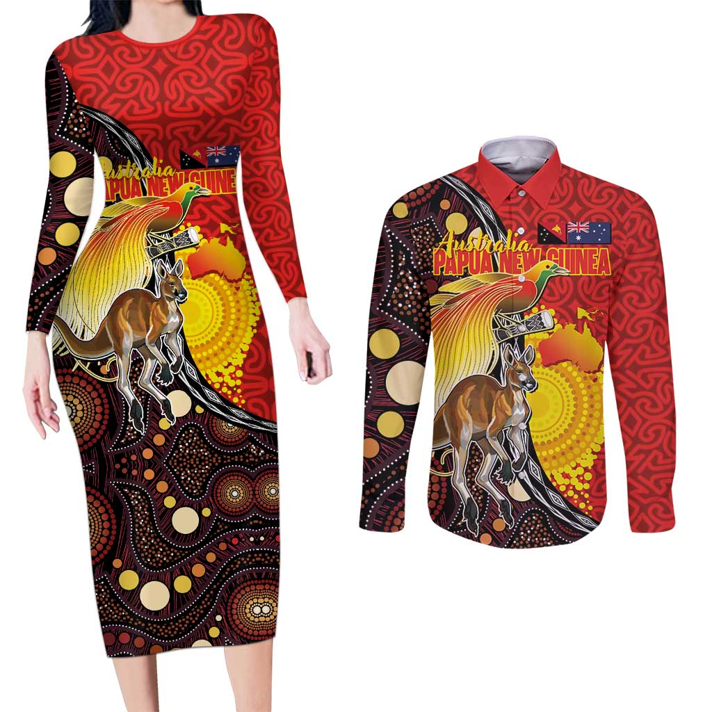 Australia and Papua New Guinea Together Couples Matching Long Sleeve Bodycon Dress and Long Sleeve Button Shirt Bird-of-paradise and Kangaroo with Oro Tapa and Aboriginal Art Motifs LT03 Black - Polynesian Pride