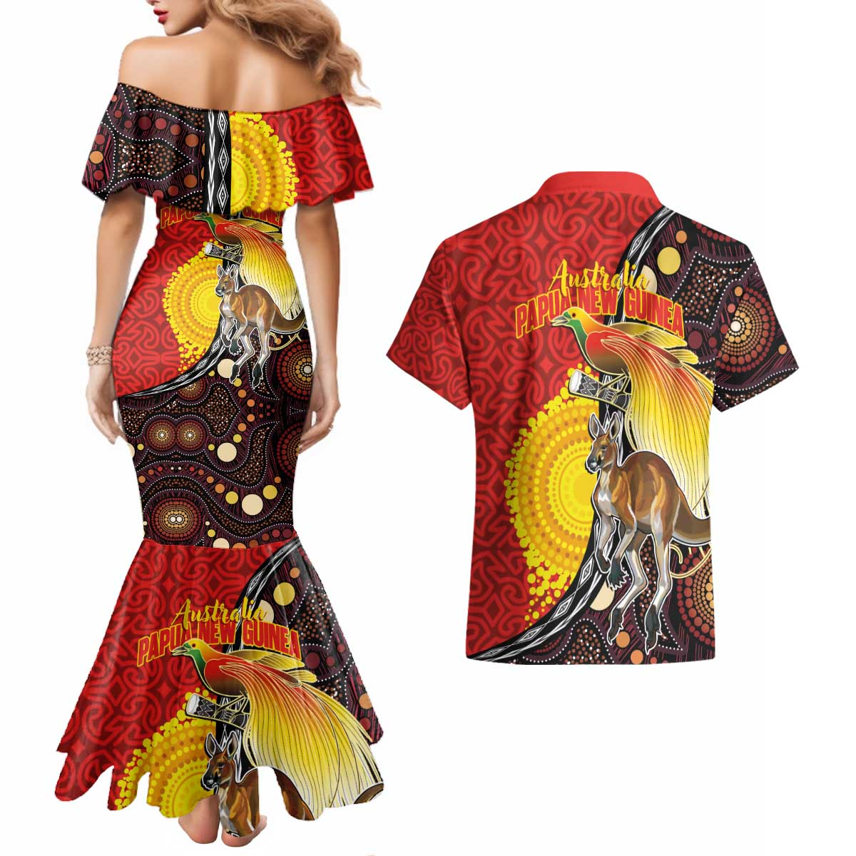 Australia and Papua New Guinea Together Couples Matching Mermaid Dress and Hawaiian Shirt Bird-of-paradise and Kangaroo with Oro Tapa and Aboriginal Art Motifs LT03 - Polynesian Pride