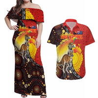 Australia and Papua New Guinea Together Couples Matching Off Shoulder Maxi Dress and Hawaiian Shirt Bird-of-paradise and Kangaroo with Oro Tapa and Aboriginal Art Motifs LT03 Black - Polynesian Pride