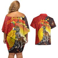 Australia and Papua New Guinea Together Couples Matching Off Shoulder Short Dress and Hawaiian Shirt Bird-of-paradise and Kangaroo with Oro Tapa and Aboriginal Art Motifs LT03 - Polynesian Pride