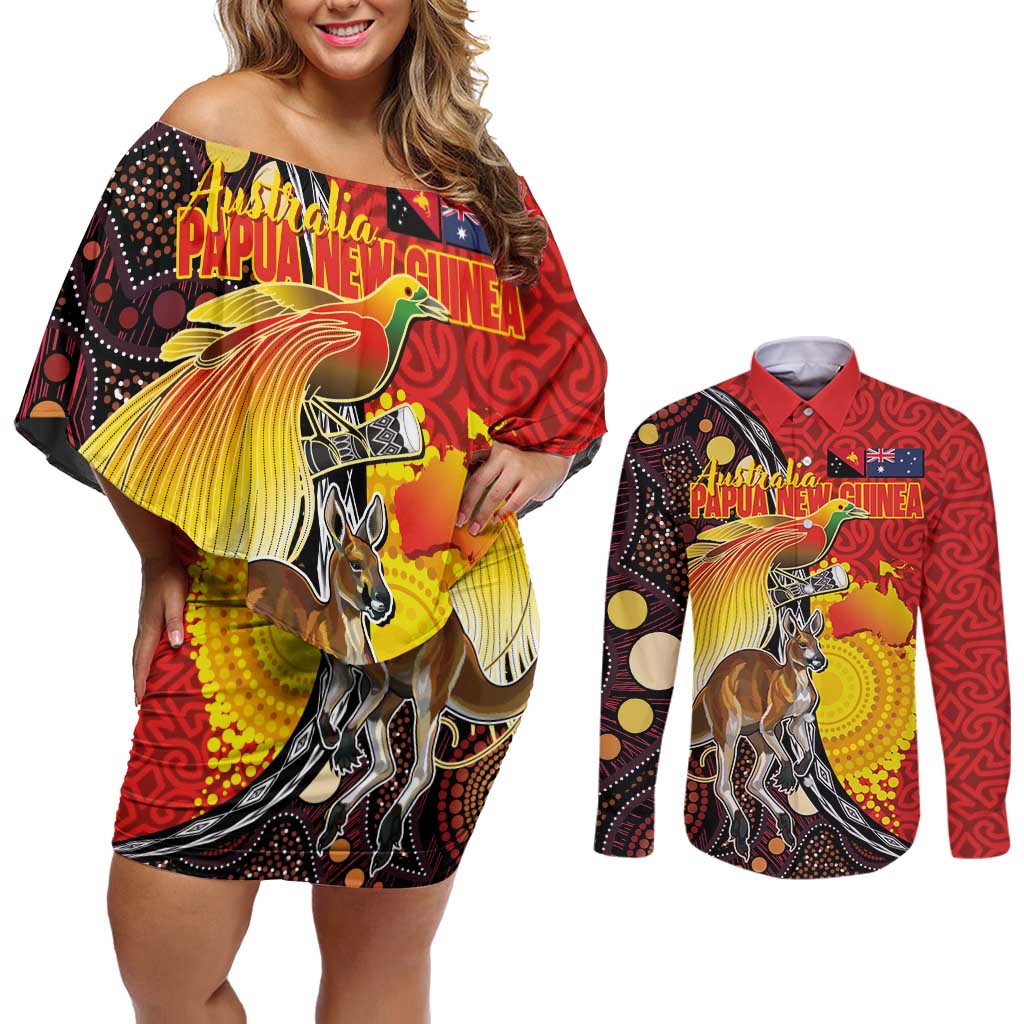 Australia and Papua New Guinea Together Couples Matching Off Shoulder Short Dress and Long Sleeve Button Shirt Bird-of-paradise and Kangaroo with Oro Tapa and Aboriginal Art Motifs LT03 Black - Polynesian Pride