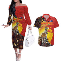 Australia and Papua New Guinea Together Couples Matching Off The Shoulder Long Sleeve Dress and Hawaiian Shirt Bird-of-paradise and Kangaroo with Oro Tapa and Aboriginal Art Motifs LT03 Black - Polynesian Pride