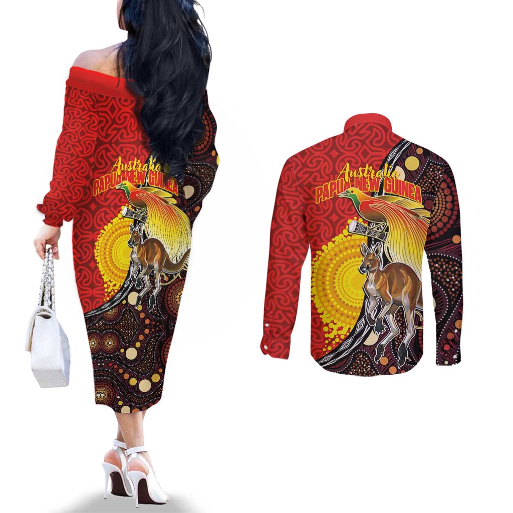 Australia and Papua New Guinea Together Couples Matching Off The Shoulder Long Sleeve Dress and Long Sleeve Button Shirt Bird-of-paradise and Kangaroo with Oro Tapa and Aboriginal Art Motifs LT03 - Polynesian Pride