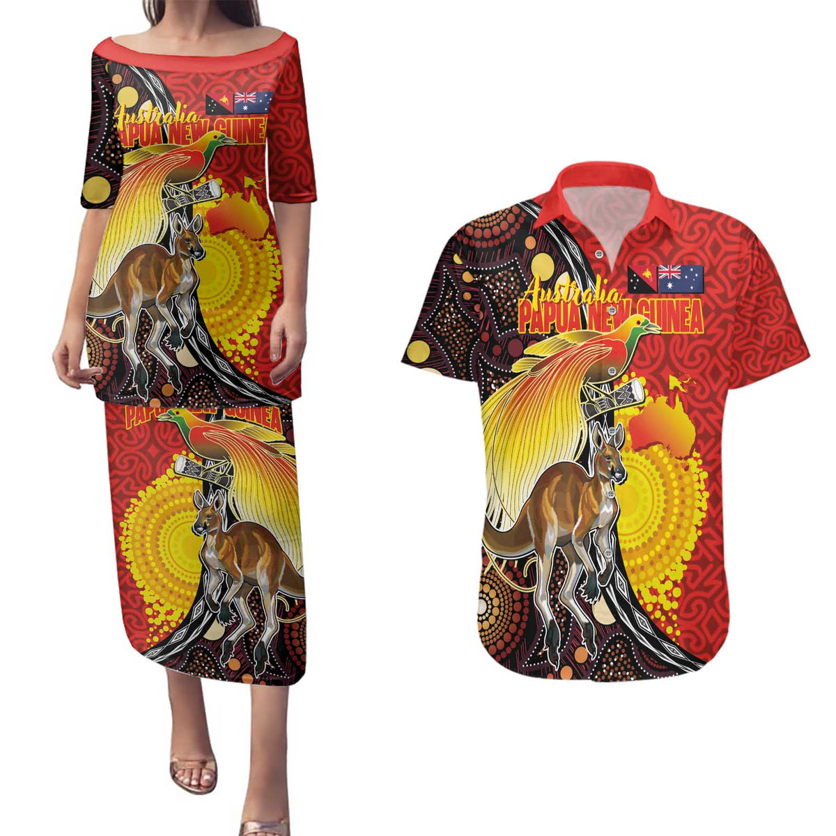 Australia and Papua New Guinea Together Couples Matching Puletasi and Hawaiian Shirt Bird-of-paradise and Kangaroo with Oro Tapa and Aboriginal Art Motifs LT03 Black - Polynesian Pride