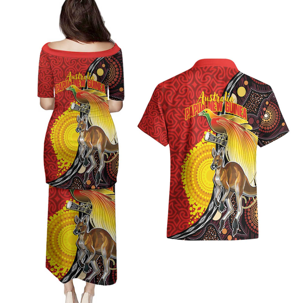 Australia and Papua New Guinea Together Couples Matching Puletasi and Hawaiian Shirt Bird-of-paradise and Kangaroo with Oro Tapa and Aboriginal Art Motifs LT03 - Polynesian Pride