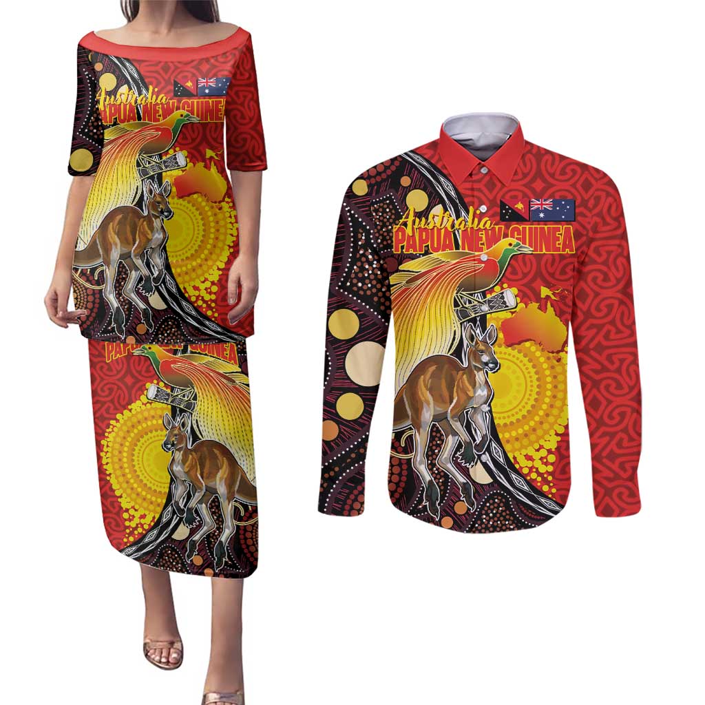 Australia and Papua New Guinea Together Couples Matching Puletasi and Long Sleeve Button Shirt Bird-of-paradise and Kangaroo with Oro Tapa and Aboriginal Art Motifs LT03 Black - Polynesian Pride
