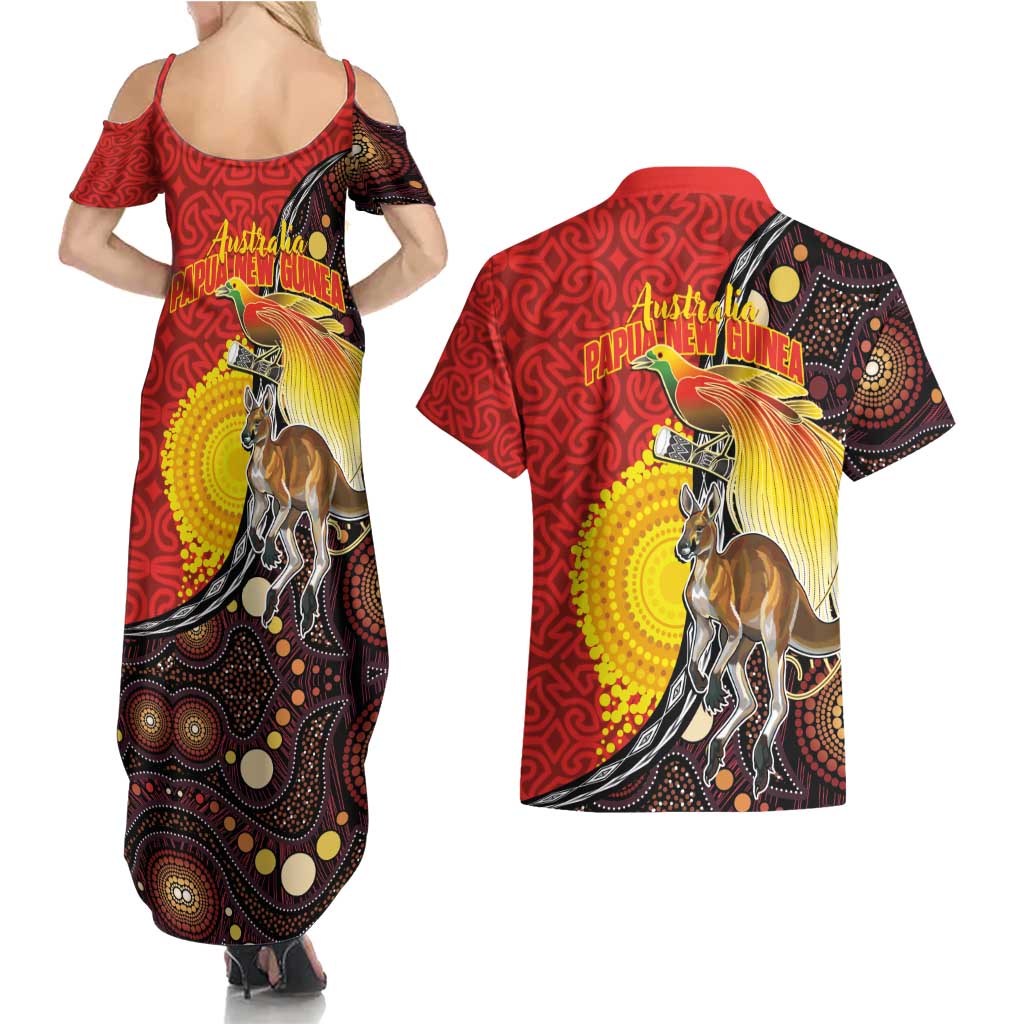 Australia and Papua New Guinea Together Couples Matching Summer Maxi Dress and Hawaiian Shirt Bird-of-paradise and Kangaroo with Oro Tapa and Aboriginal Art Motifs LT03 - Polynesian Pride