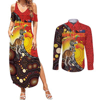 Australia and Papua New Guinea Together Couples Matching Summer Maxi Dress and Long Sleeve Button Shirt Bird-of-paradise and Kangaroo with Oro Tapa and Aboriginal Art Motifs LT03 Black - Polynesian Pride