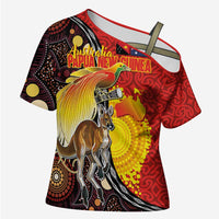 Australia and Papua New Guinea Together Cross Shoulder Shirt Bird-of-paradise and Kangaroo with Oro Tapa and Aboriginal Art Motifs - Polynesian Pride