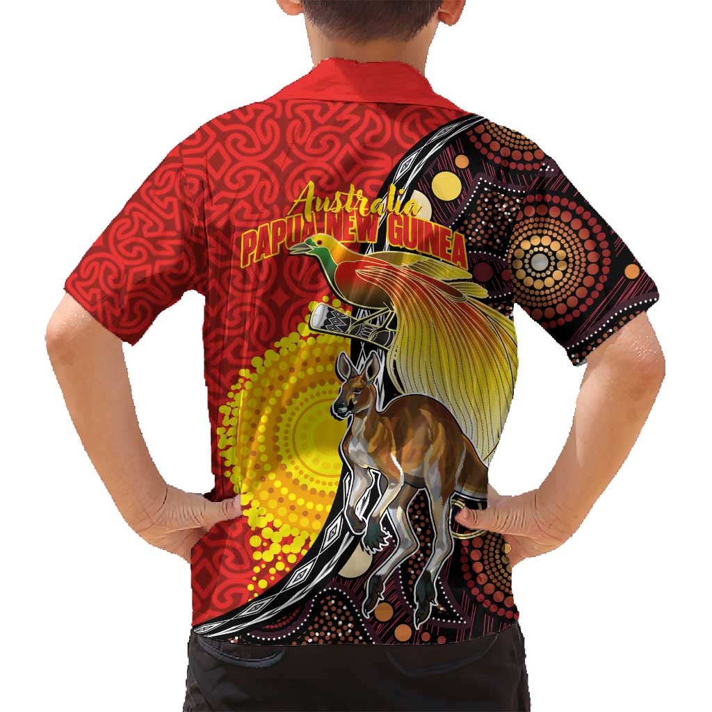 Australia and Papua New Guinea Together Family Matching Long Sleeve Bodycon Dress and Hawaiian Shirt Bird-of-paradise and Kangaroo with Oro Tapa and Aboriginal Art Motifs - Polynesian Pride