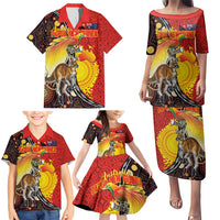Australia and Papua New Guinea Together Family Matching Puletasi and Hawaiian Shirt Bird-of-paradise and Kangaroo with Oro Tapa and Aboriginal Art Motifs - Polynesian Pride