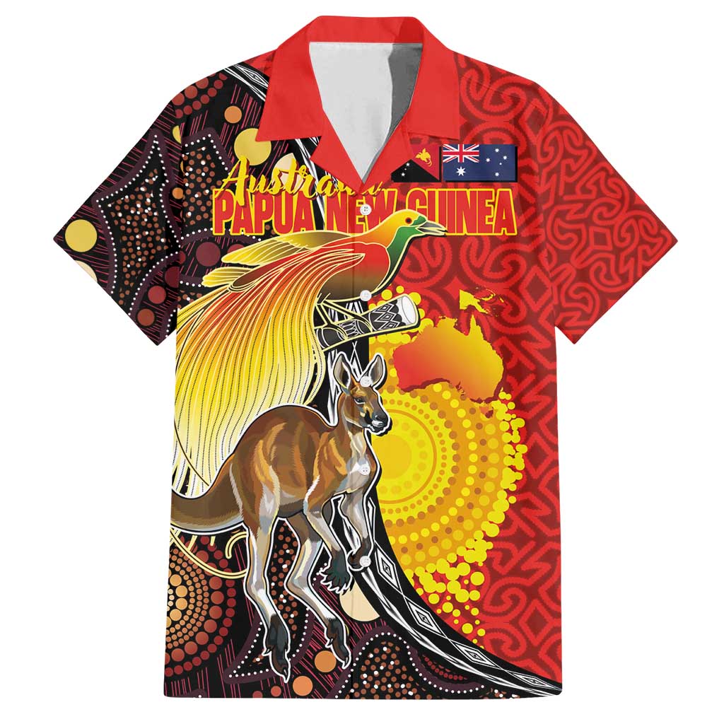 Australia and Papua New Guinea Together Family Matching Puletasi and Hawaiian Shirt Bird-of-paradise and Kangaroo with Oro Tapa and Aboriginal Art Motifs - Polynesian Pride