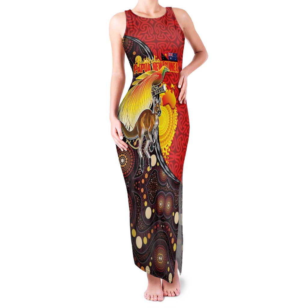Australia and Papua New Guinea Together Family Matching Tank Maxi Dress and Hawaiian Shirt Bird-of-paradise and Kangaroo with Oro Tapa and Aboriginal Art Motifs - Polynesian Pride