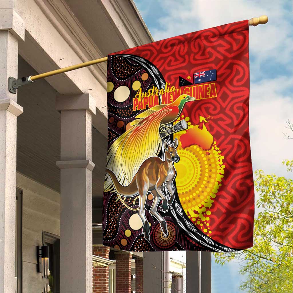 Australia and Papua New Guinea Together Garden Flag Bird-of-paradise and Kangaroo with Oro Tapa and Aboriginal Art Motifs LT03 House Flag Black - Polynesian Pride