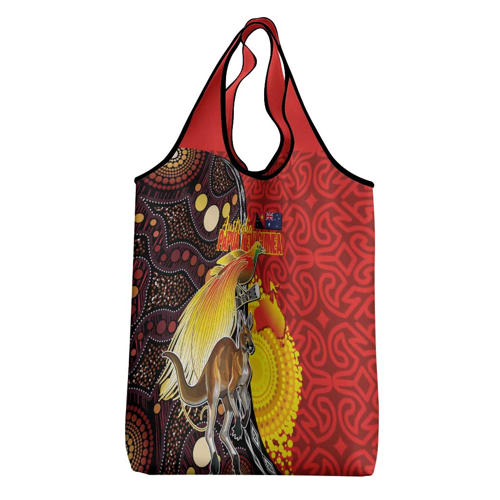 Australia and Papua New Guinea Together Grocery Bag Bird-of-paradise and Kangaroo with Oro Tapa and Aboriginal Art Motifs LT03 - Polynesian Pride