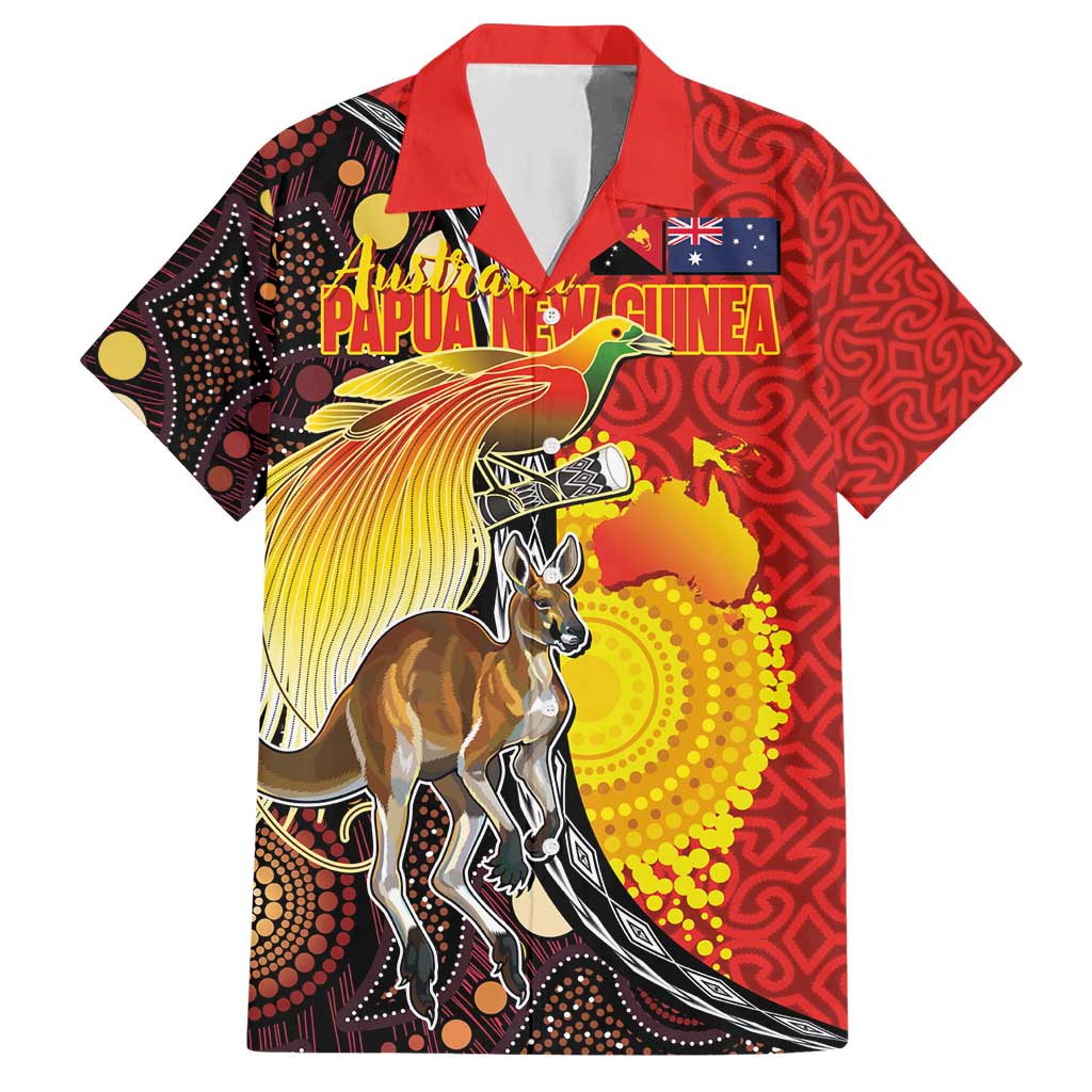 Australia and Papua New Guinea Together Hawaiian Shirt Bird-of-paradise and Kangaroo with Oro Tapa and Aboriginal Art Motifs LT03 Black - Polynesian Pride