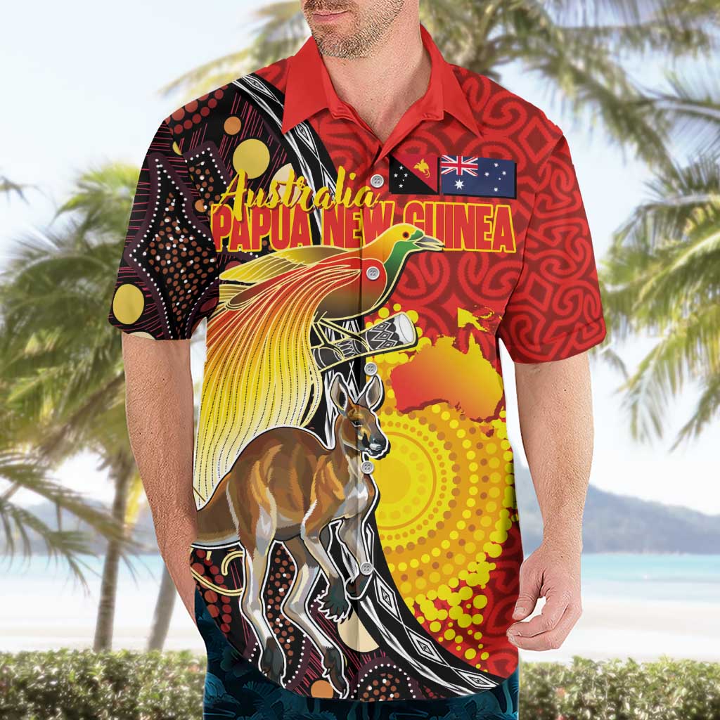 Australia and Papua New Guinea Together Hawaiian Shirt Bird-of-paradise and Kangaroo with Oro Tapa and Aboriginal Art Motifs LT03 - Polynesian Pride
