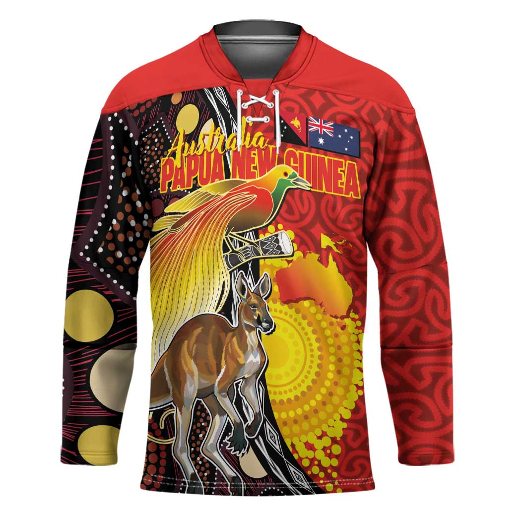 Australia and Papua New Guinea Together Hockey Jersey Bird-of-paradise and Kangaroo with Oro Tapa and Aboriginal Art Motifs LT03 Unisex Black - Polynesian Pride