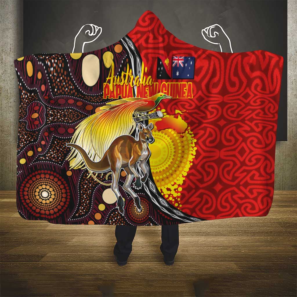 Australia and Papua New Guinea Together Hooded Blanket Bird-of-paradise and Kangaroo with Oro Tapa and Aboriginal Art Motifs LT03 - Polynesian Pride