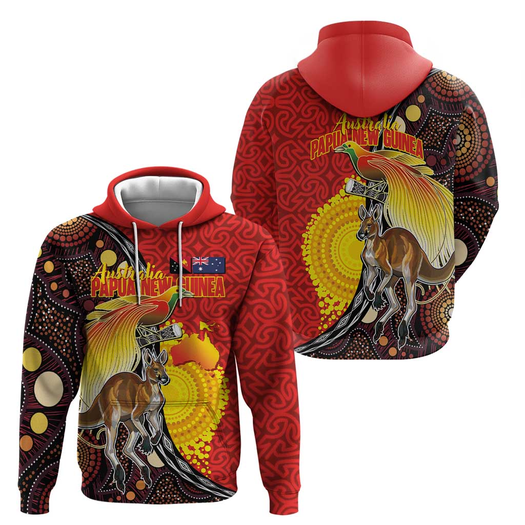 Australia and Papua New Guinea Together Hoodie Bird-of-paradise and Kangaroo with Oro Tapa and Aboriginal Art Motifs LT03 - Polynesian Pride