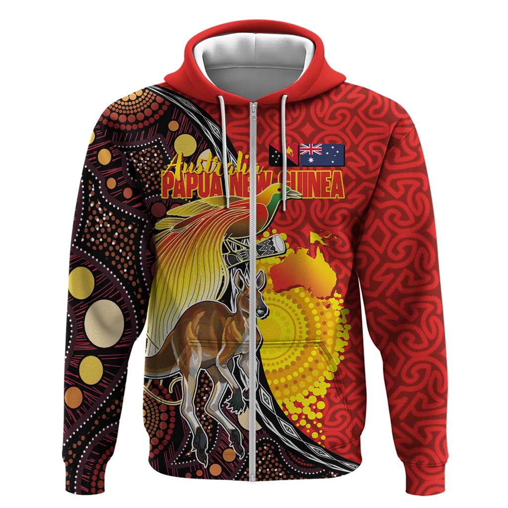 Australia and Papua New Guinea Together Hoodie Bird-of-paradise and Kangaroo with Oro Tapa and Aboriginal Art Motifs LT03 Zip Hoodie Black - Polynesian Pride