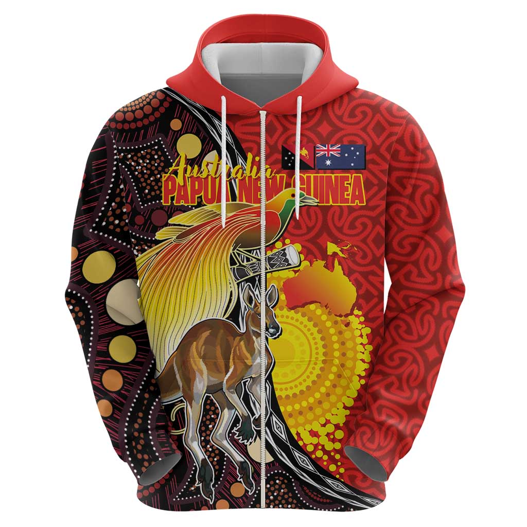 Australia and Papua New Guinea Together Hoodie Bird-of-paradise and Kangaroo with Oro Tapa and Aboriginal Art Motifs LT03 - Polynesian Pride