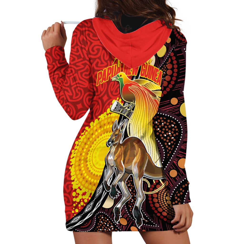Australia and Papua New Guinea Together Hoodie Dress Bird-of-paradise and Kangaroo with Oro Tapa and Aboriginal Art Motifs LT03 - Polynesian Pride