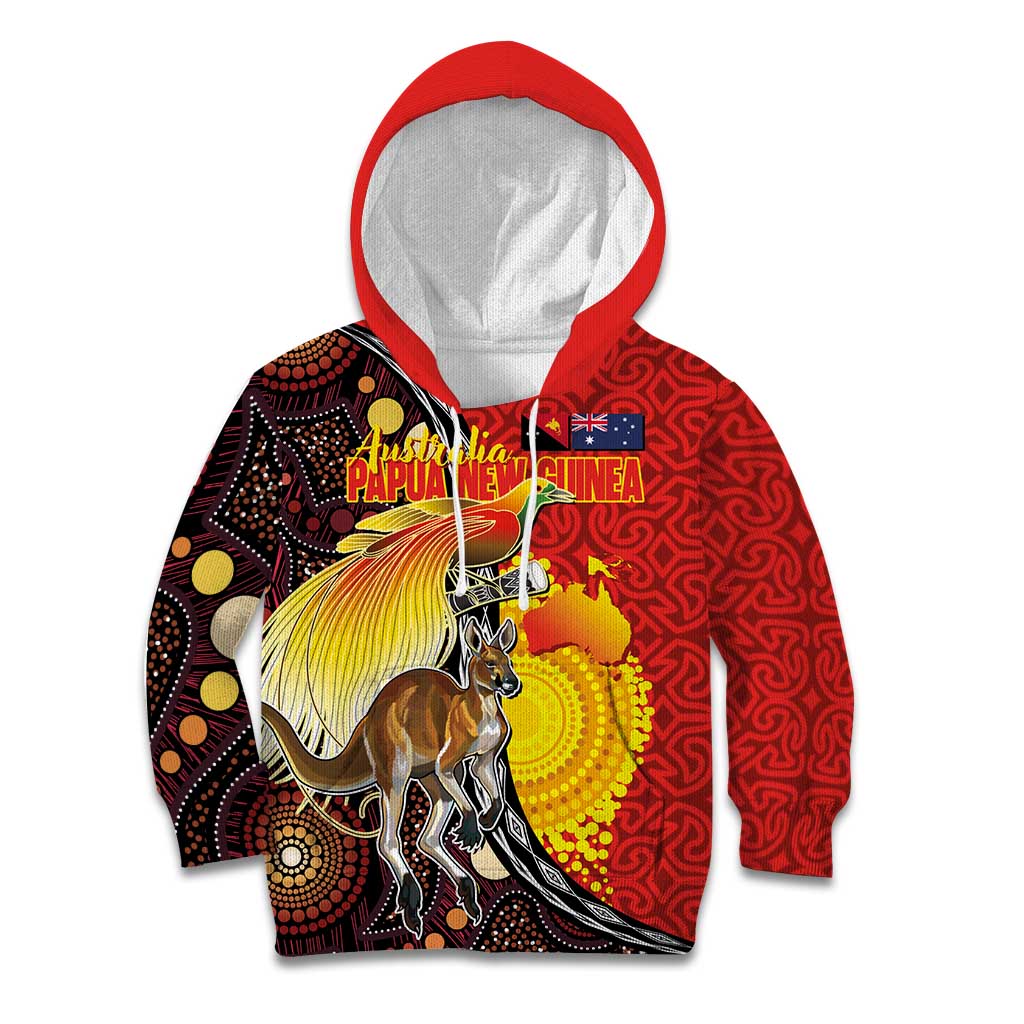 Australia and Papua New Guinea Together Kid Hoodie Bird-of-paradise and Kangaroo with Oro Tapa and Aboriginal Art Motifs LT03 Hoodie Black - Polynesian Pride