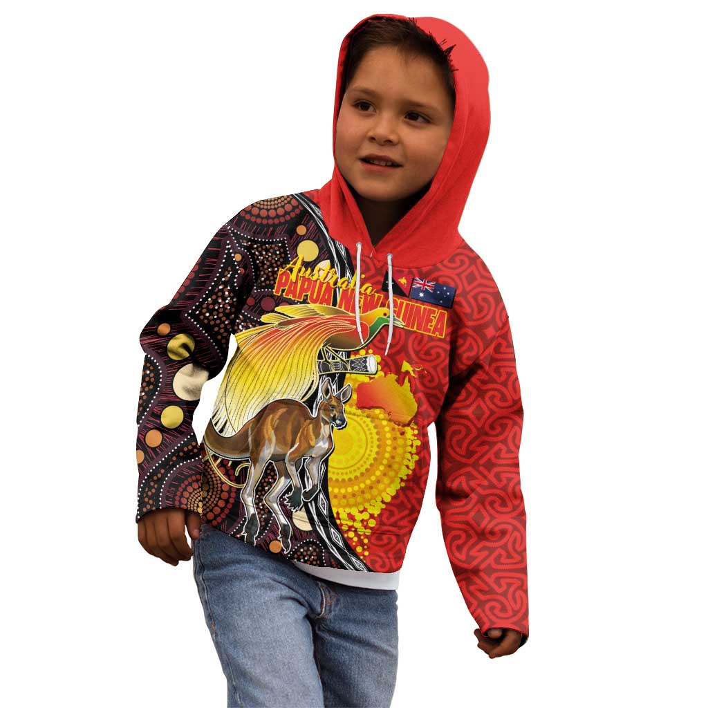 Australia and Papua New Guinea Together Kid Hoodie Bird-of-paradise and Kangaroo with Oro Tapa and Aboriginal Art Motifs LT03 - Polynesian Pride