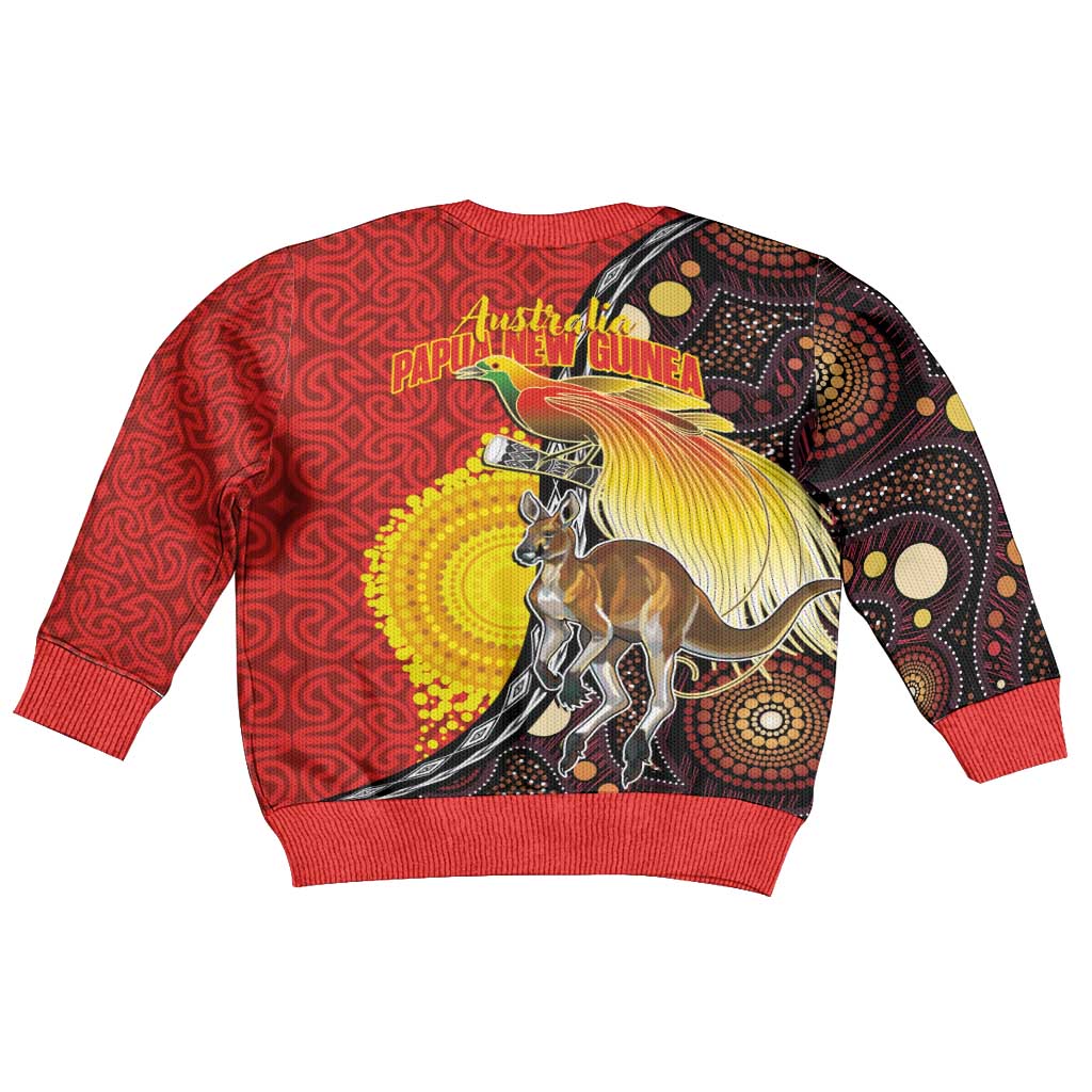 Australia and Papua New Guinea Together Kid Ugly Christmas Sweater Bird-of-paradise and Kangaroo with Oro Tapa and Aboriginal Art Motifs LT03 - Polynesian Pride