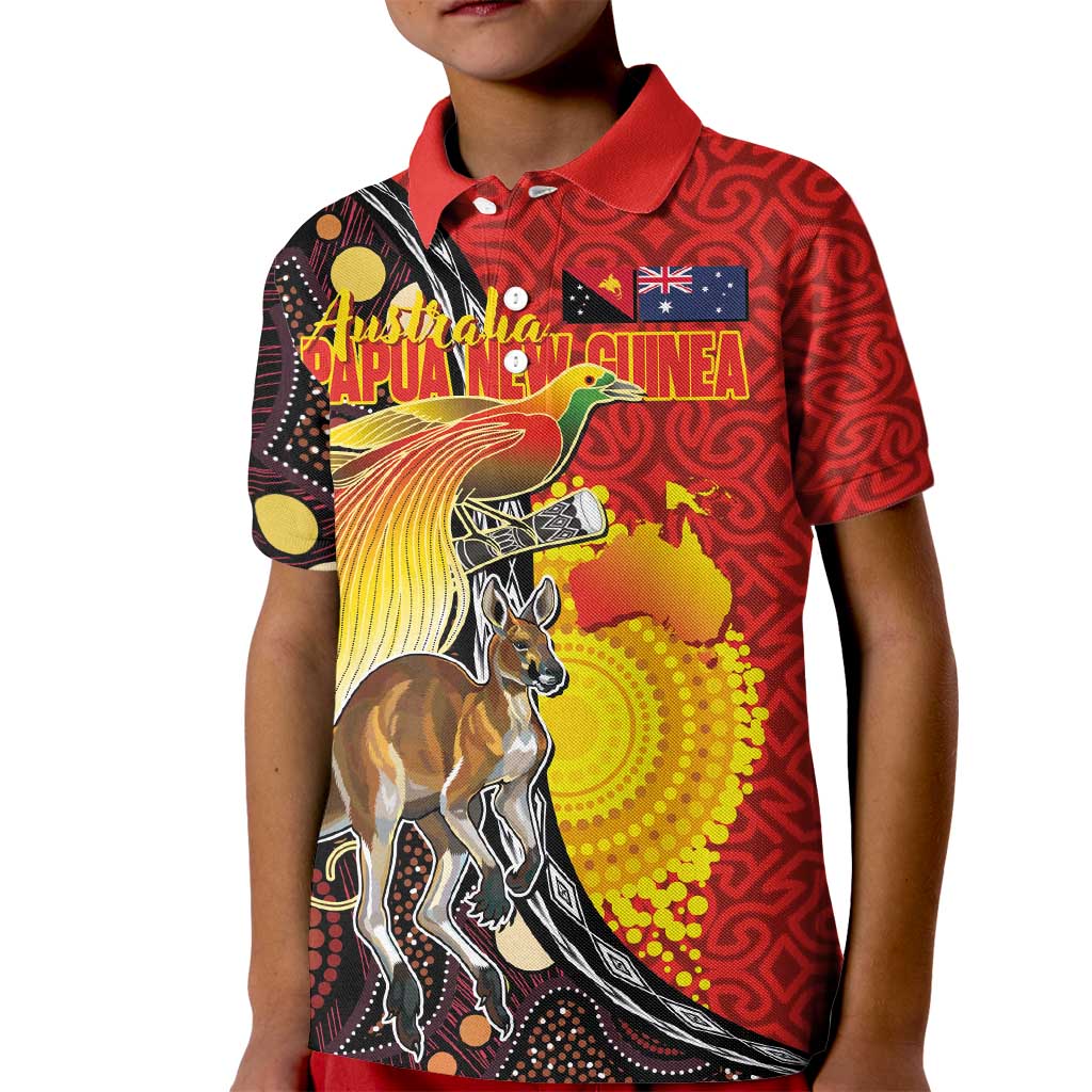 Australia and Papua New Guinea Together Kid Polo Shirt Bird-of-paradise and Kangaroo with Oro Tapa and Aboriginal Art Motifs LT03 Kid Black - Polynesian Pride
