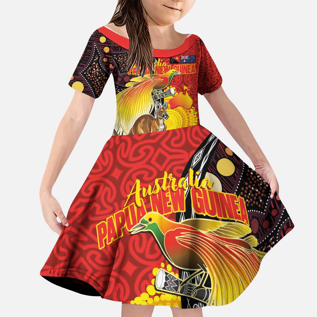 Australia and Papua New Guinea Together Kid Short Sleeve Dress Bird-of-paradise and Kangaroo with Oro Tapa and Aboriginal Art Motifs LT03 KID Black - Polynesian Pride