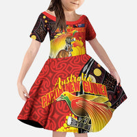 Australia and Papua New Guinea Together Kid Short Sleeve Dress Bird-of-paradise and Kangaroo with Oro Tapa and Aboriginal Art Motifs LT03 KID Black - Polynesian Pride