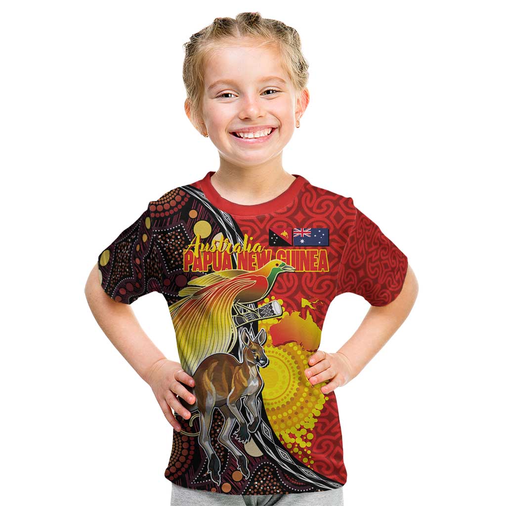 Australia and Papua New Guinea Together Kid T Shirt Bird-of-paradise and Kangaroo with Oro Tapa and Aboriginal Art Motifs LT03 Black - Polynesian Pride