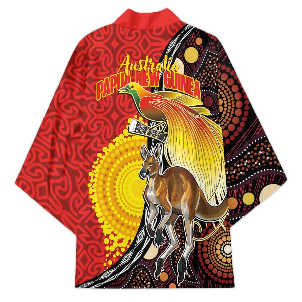 Australia and Papua New Guinea Together Kimono Bird-of-paradise and Kangaroo with Oro Tapa and Aboriginal Art Motifs LT03 - Polynesian Pride