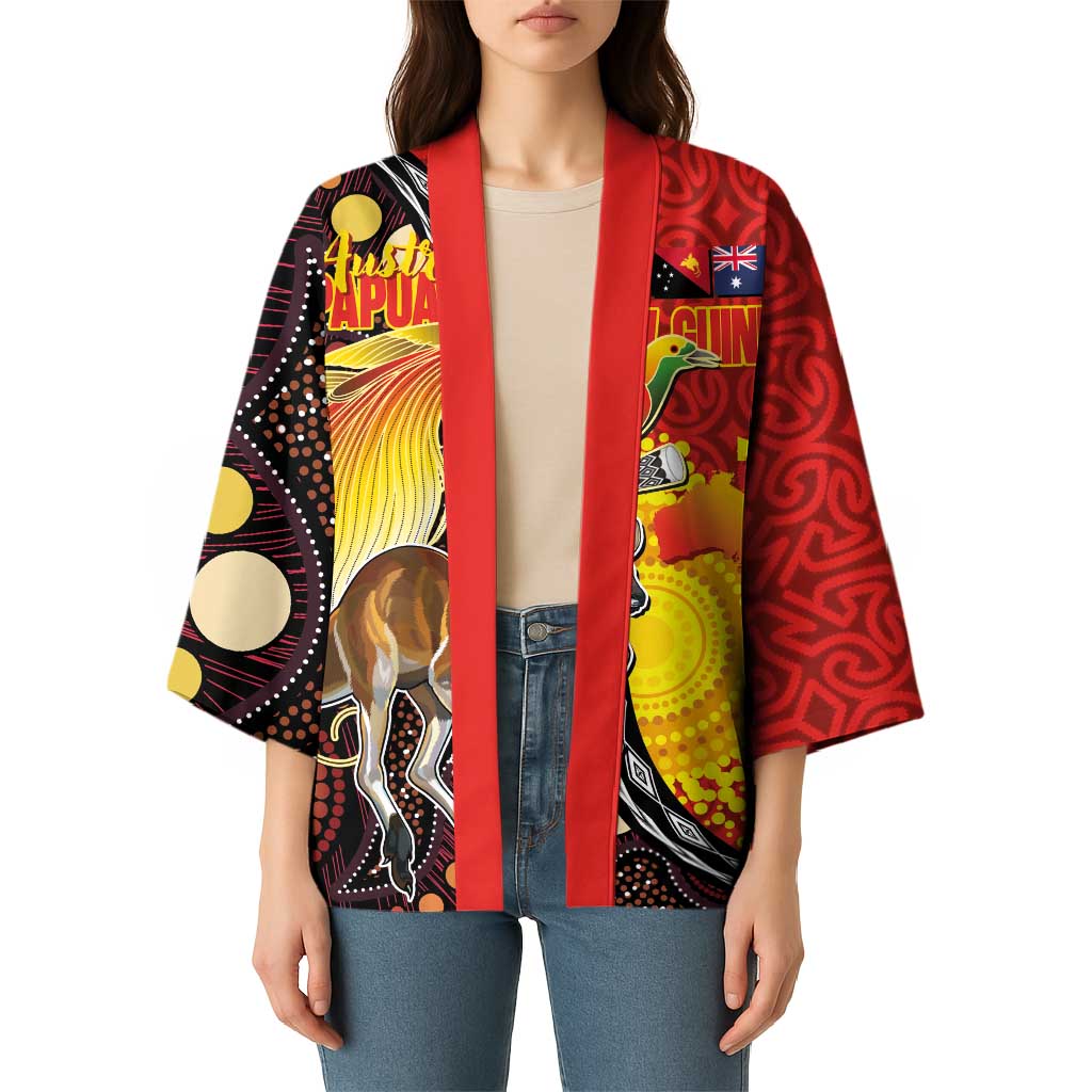 Australia and Papua New Guinea Together Kimono Bird-of-paradise and Kangaroo with Oro Tapa and Aboriginal Art Motifs LT03 - Polynesian Pride