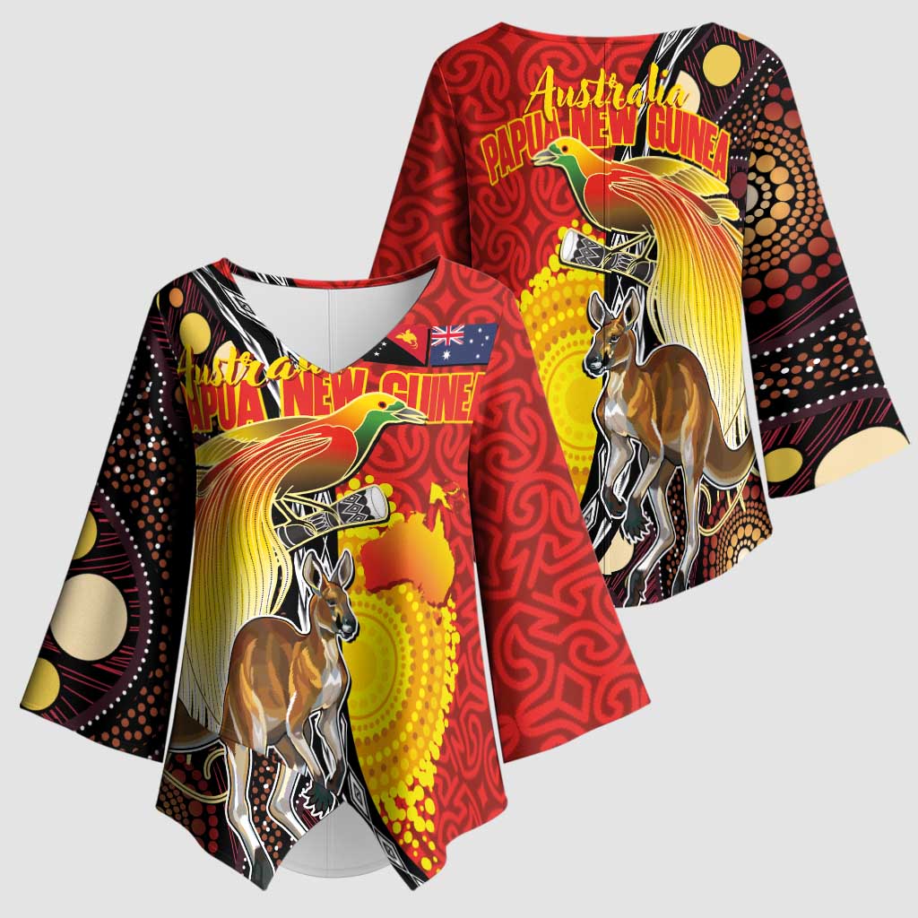 Australia and Papua New Guinea Together Kimono Sleeve Blouse Bird-of-paradise and Kangaroo with Oro Tapa and Aboriginal Art Motifs LT03 - Polynesian Pride