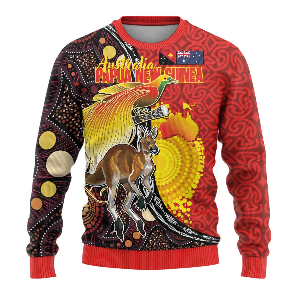 Australia and Papua New Guinea Together Ugly Christmas Sweater Bird-of-paradise and Kangaroo with Oro Tapa and Aboriginal Art Motifs LT03 - Polynesian Pride