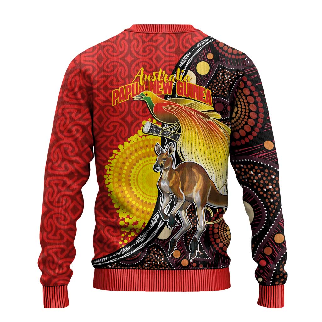 Australia and Papua New Guinea Together Ugly Christmas Sweater Bird-of-paradise and Kangaroo with Oro Tapa and Aboriginal Art Motifs LT03 - Polynesian Pride