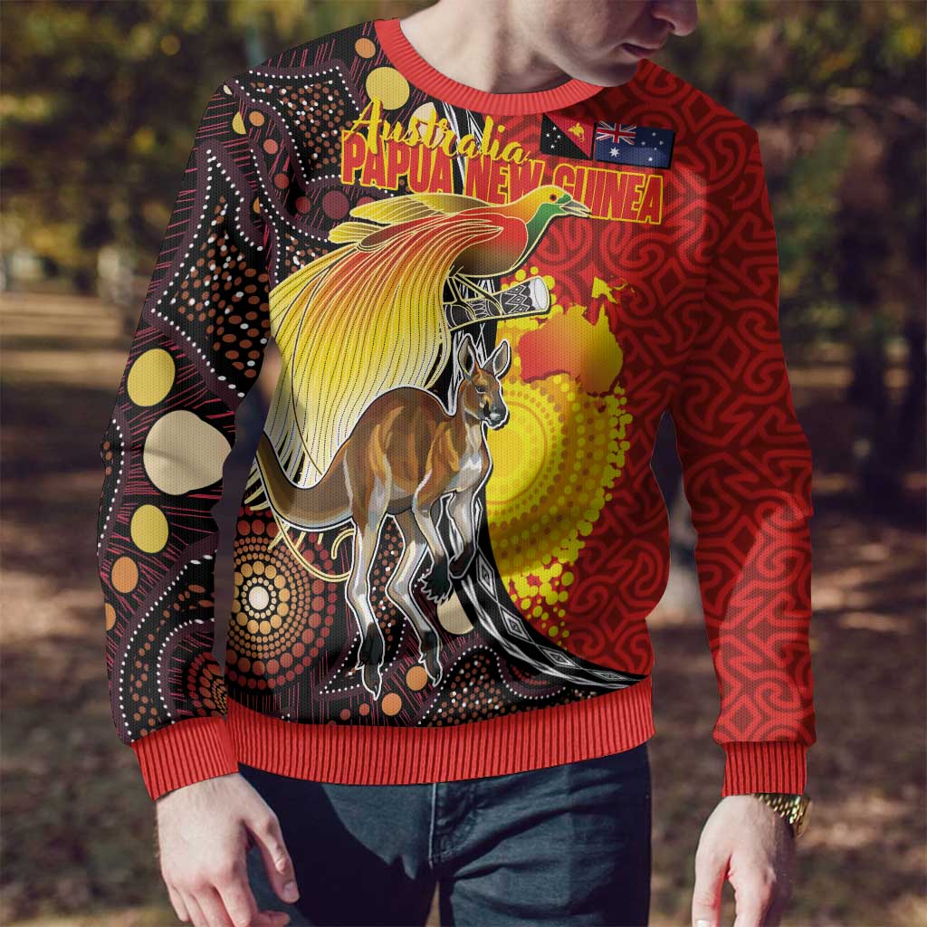 Australia and Papua New Guinea Together Ugly Christmas Sweater Bird-of-paradise and Kangaroo with Oro Tapa and Aboriginal Art Motifs LT03 - Polynesian Pride