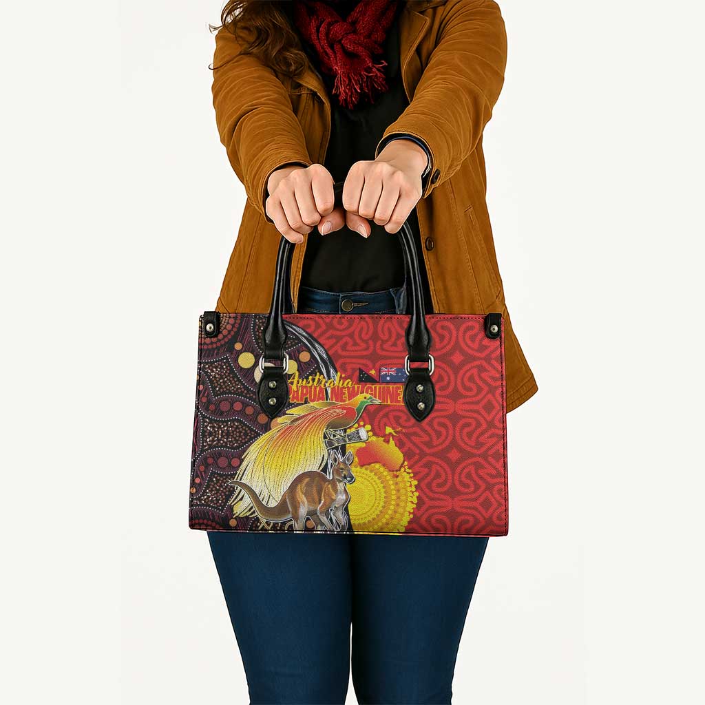 Australia and Papua New Guinea Together Leather Bag Bird-of-paradise and Kangaroo with Oro Tapa and Aboriginal Art Motifs LT03 - Polynesian Pride