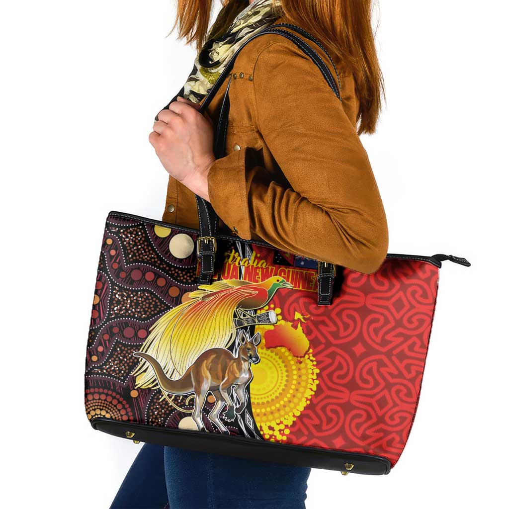 Australia and Papua New Guinea Together Leather Tote Bag Bird-of-paradise and Kangaroo with Oro Tapa and Aboriginal Art Motifs LT03 Black - Polynesian Pride