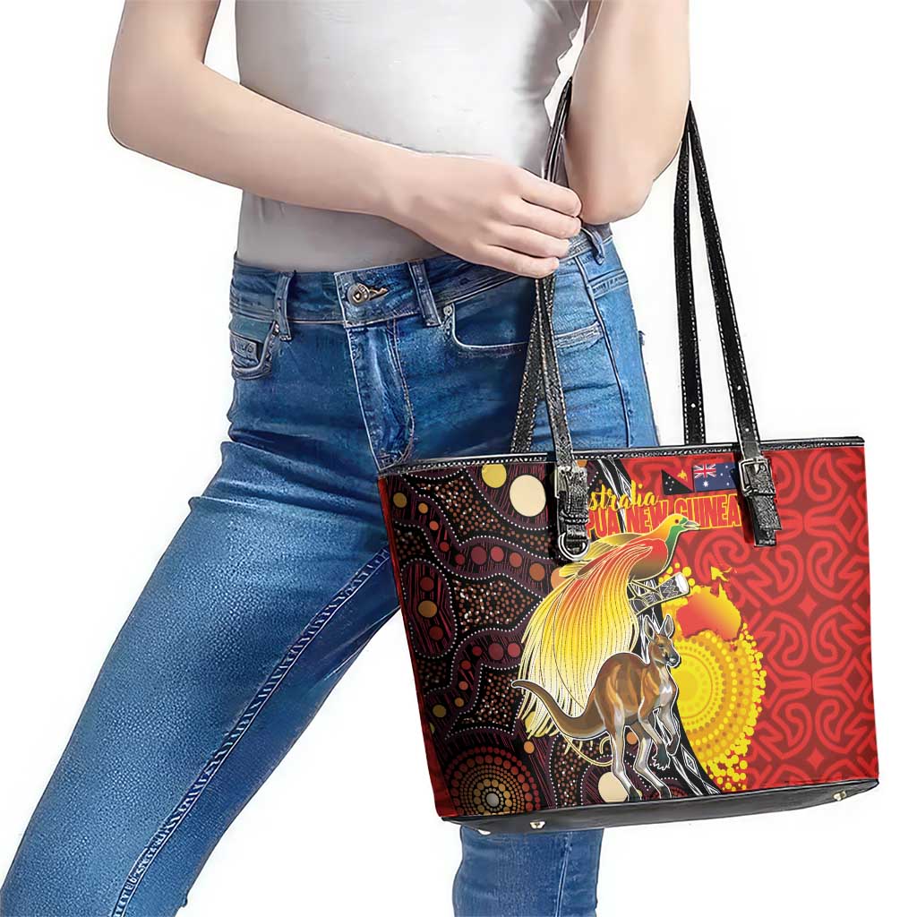 Australia and Papua New Guinea Together Leather Tote Bag Bird-of-paradise and Kangaroo with Oro Tapa and Aboriginal Art Motifs LT03 - Polynesian Pride