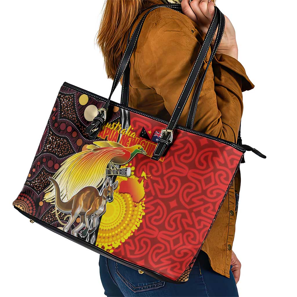 Australia and Papua New Guinea Together Leather Tote Bag Bird-of-paradise and Kangaroo with Oro Tapa and Aboriginal Art Motifs LT03 - Polynesian Pride