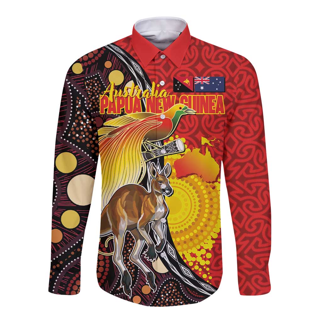 Australia and Papua New Guinea Together Long Sleeve Button Shirt Bird-of-paradise and Kangaroo with Oro Tapa and Aboriginal Art Motifs LT03 Unisex Black - Polynesian Pride