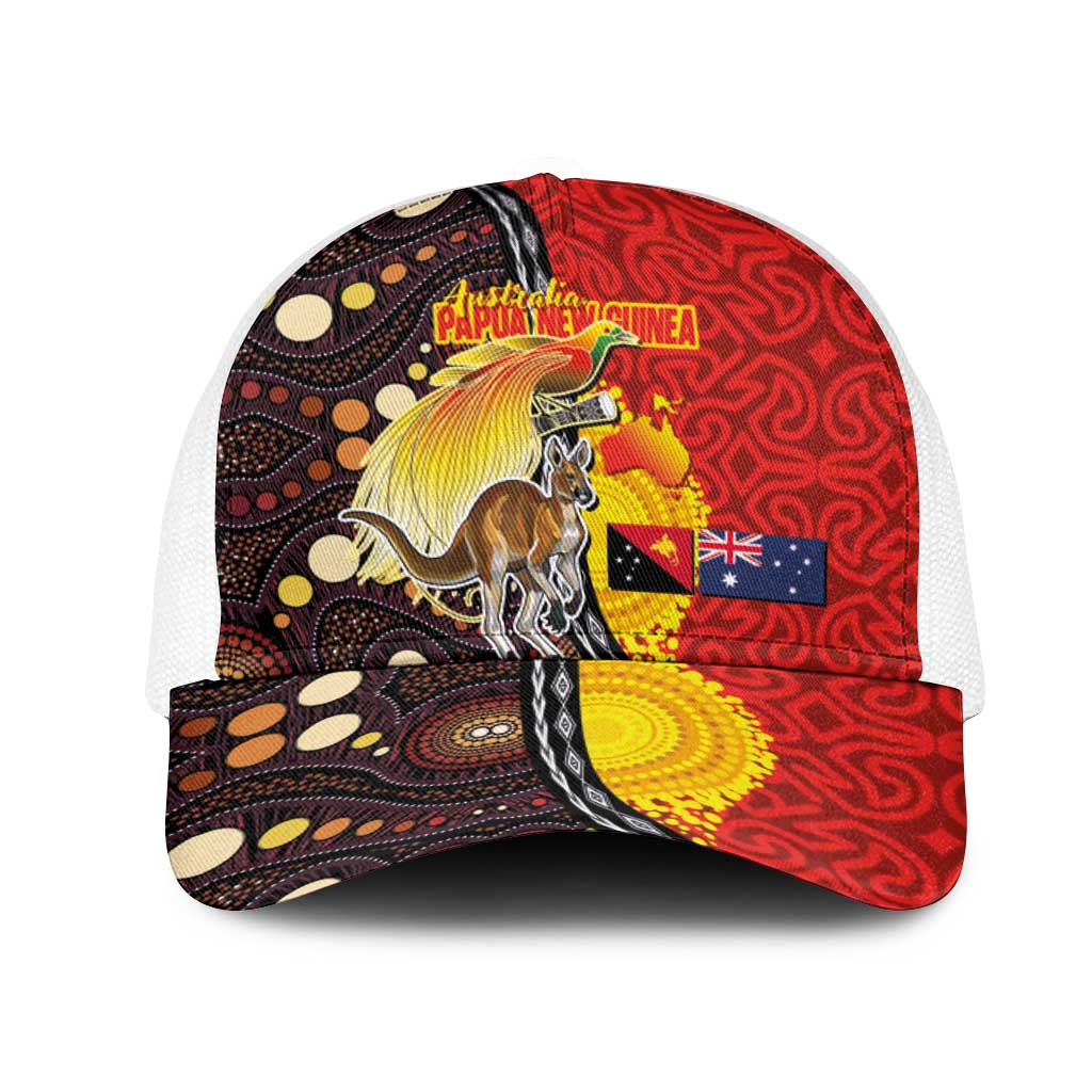 Australia and Papua New Guinea Together Mesh Trucker Cap Bird-of-paradise and Kangaroo with Oro Tapa and Aboriginal Art Motifs LT03 One Size White Black - Polynesian Pride