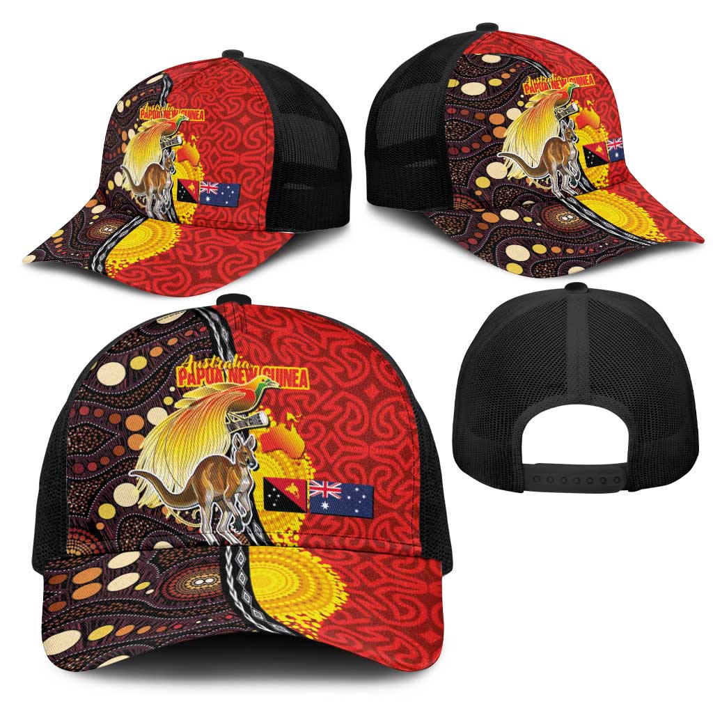 Australia and Papua New Guinea Together Mesh Trucker Cap Bird-of-paradise and Kangaroo with Oro Tapa and Aboriginal Art Motifs LT03 - Polynesian Pride